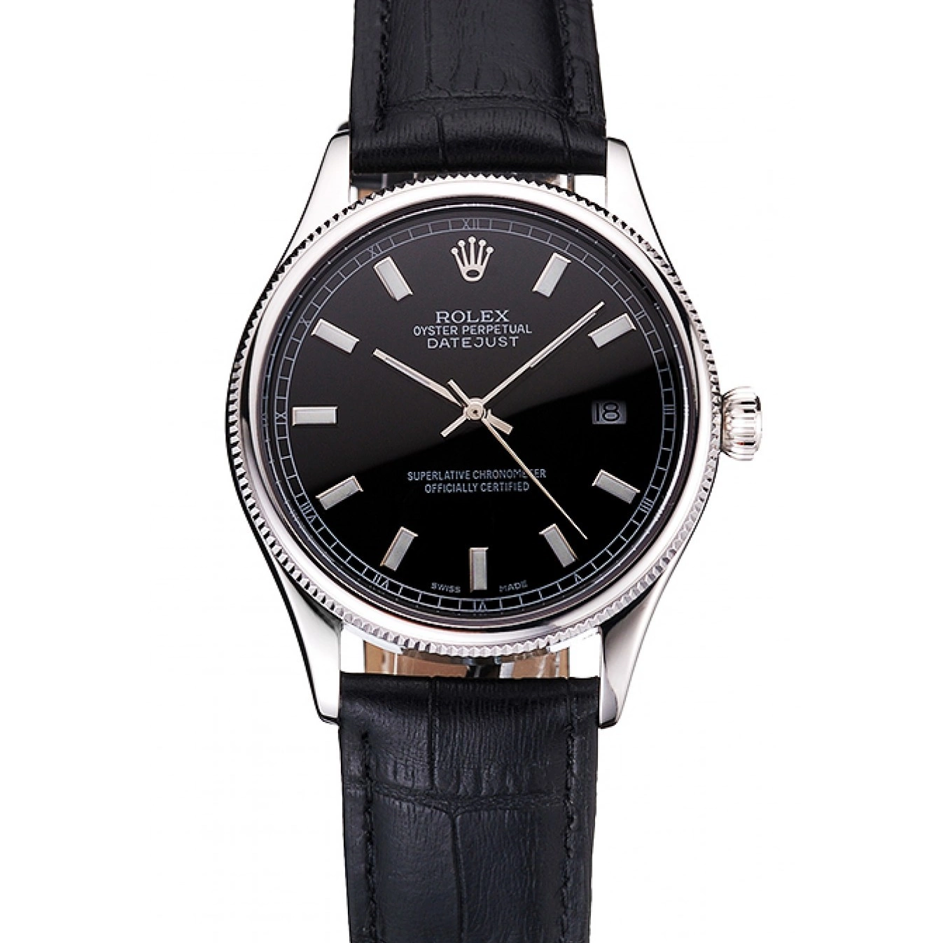 Swiss Black Datejust Stainless Case Bracelet And Steel Dial Rolex 0725